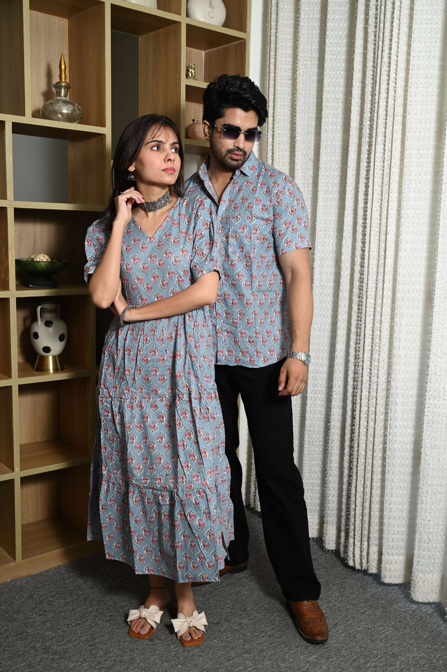 Couple Matching Sky Blue Cotton Anarkali Midi Dress and Shirt Set ? Pink Floral Print - Image 2