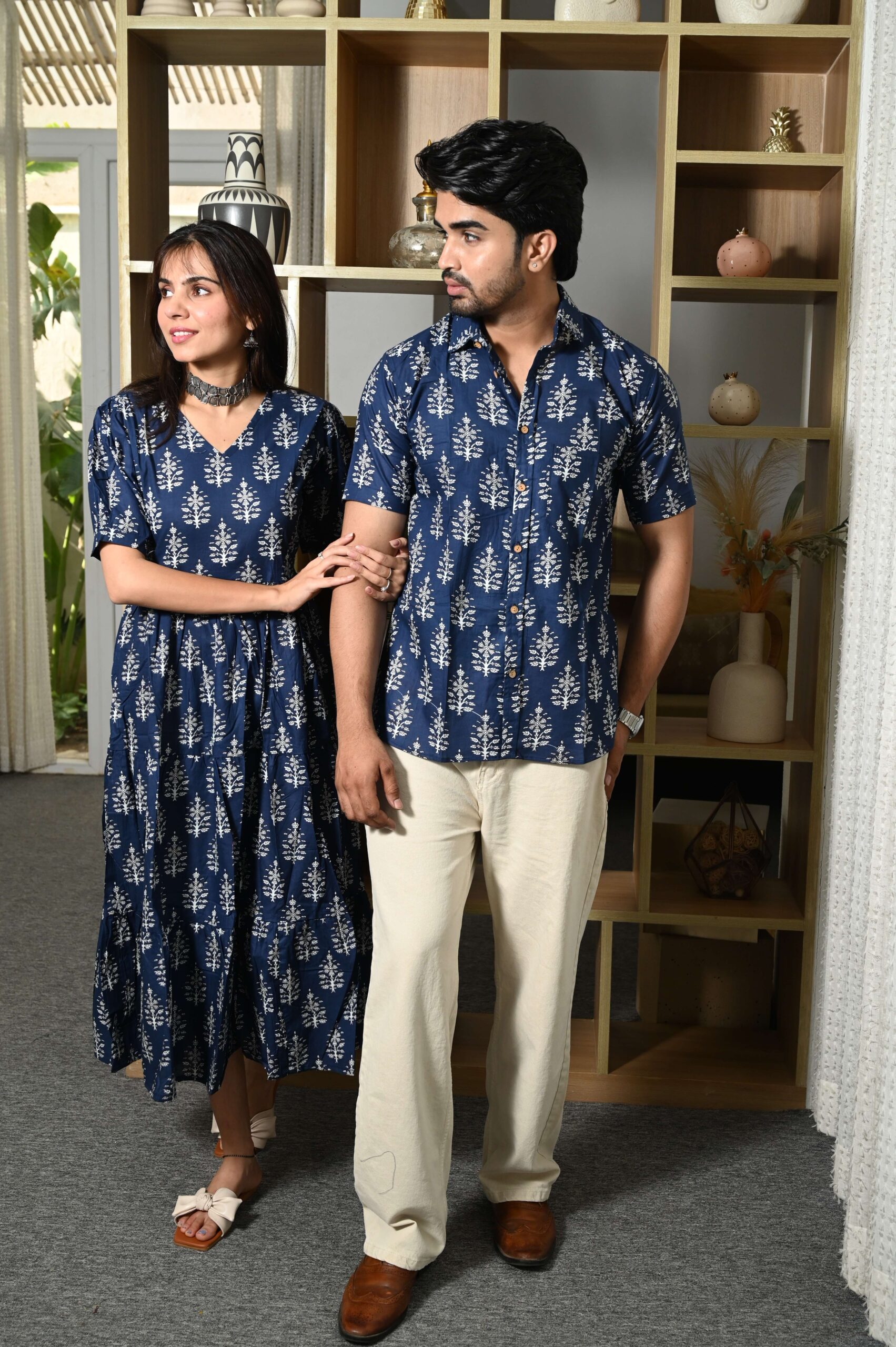 Couple Matching Navy-Blue Printed Cotton Anarkali Midi Dress & Shirt Set ? Summer Casual Wear - Image 3